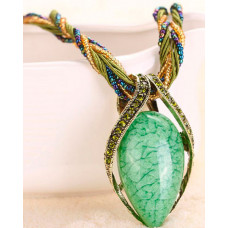 1pc Bohemian Oval Stone Braided Pendant Necklace - green