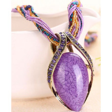 1pc Bohemian Oval Stone Braided Pendant Necklace - purple