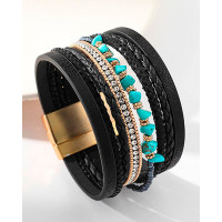 1pc Bohemian Turquoise Beaded Wide Magnet Bracelet - black