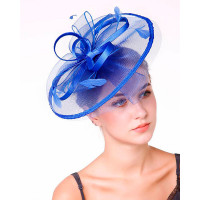 1pc Bowknot Fascinator Hat Feather Sheer Mesh Headband Bridal Wedding Cocktail Tea Party Headwear - blue