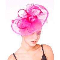 1pc Bowknot Fascinator Hat Feather Sheer Mesh Headband Bridal Wedding Cocktail Tea Party Headwear - hot pink