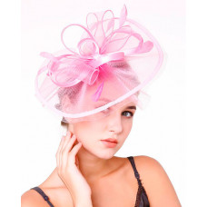 1pc Bowknot Fascinator Hat Feather Sheer Mesh Headband Bridal Wedding Cocktail Tea Party Headwear - pink