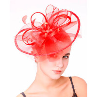 1pc Bowknot Fascinator Hat Feather Sheer Mesh Headband Bridal Wedding Cocktail Tea Party Headwear - red