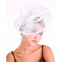 1pc Bowknot Fascinator Hat Feather Sheer Mesh Headband Bridal Wedding Cocktail Tea Party Headwear - white