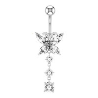 1pc Crystal Butterfly Shaped Drop Belly Ring - silver