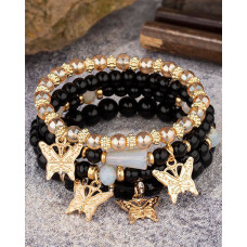 1pc Crystal Stone Beaded Butterfly Multi-Layer Bracelet - black