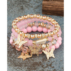 1pc Crystal Stone Beaded Butterfly Multi-Layer Bracelet - pink