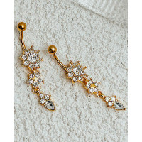 1pc Crystal Stone Floral Pattern Tassel Belly Ring - gold