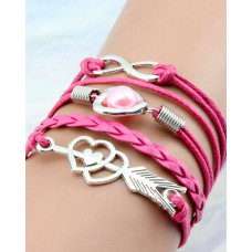 1pc Double Heart Pearl Decor Multi-Layer Braided Leather Bracelet - hot pink