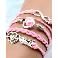 1pc Double Heart Pearl Decor Multi-Layer Braided Leather Bracelet - pink