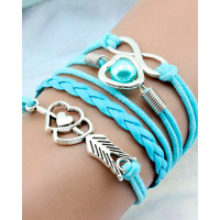 1pc Double Heart Pearl Decor Multi-Layer Braided Leather Bracelet - sky blue