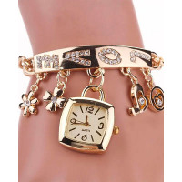 1pc Floral Love Letter Pattern Tassel Design Bangle Quartz Watch - gold