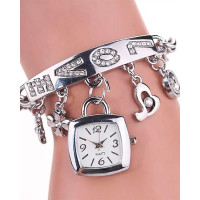 1pc Floral Love Letter Pattern Tassel Design Bangle Quartz Watch - silver