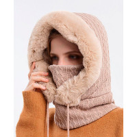 1pc Fuzzy Trim Fleece Lined Beanie Hat Scarf Mask Drawstring Warm Hooded Winter Balaclava Pullover Cable Knitted Hats - beige