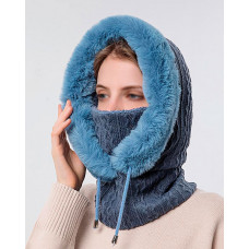 1pc Fuzzy Trim Fleece Lined Beanie Hat Scarf Mask Drawstring Warm Hooded Winter Balaclava Pullover Cable Knitted Hats - blue