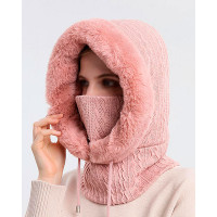 1pc Fuzzy Trim Fleece Lined Beanie Hat Scarf Mask Drawstring Warm Hooded Winter Balaclava Pullover Cable Knitted Hats - pink