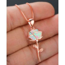 1pc Gorgeous White Opal Rose Flower Pendant Necklace - gold