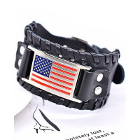 1pc Independence Day Flag Pattern Buckled Wide Leather Bracelet - black