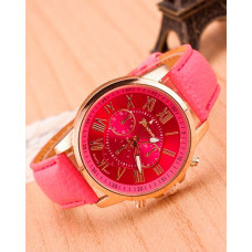 1pc Leather Band Quartz Watch - hot pink