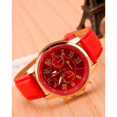 1pc Leather Band Quartz Watch - red