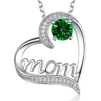 1pc Mother's Day Fashion Charms Gift Hollow Out Heart Gemstone Letter Mom Pendant Necklace - green