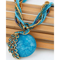 1pc Peacock Pattern Gem Stone Braided Pendant Necklace - blue 1pc Peacock Pattern Gem Stone Braided Pendant Necklace - blue