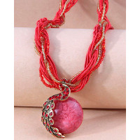 1pc Peacock Pattern Gem Stone Braided Pendant Necklace - red