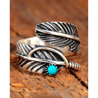 1pc Retro Turquoise Feather Shaped Opening Ring - silver