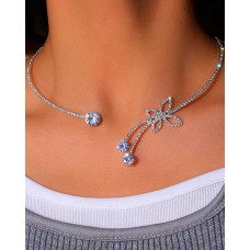 1pc Rhinestone Butterfly Tassel Opening Choker - silver