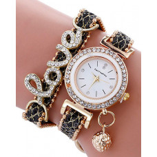 1pc Rhinestone Decor Lover Letter Pattern Bangle Quartz Watch - black