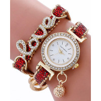 1pc Rhinestone Decor Lover Letter Pattern Bangle Quartz Watch - red