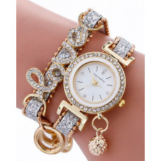 1pc Rhinestone Decor Lover Letter Pattern Bangle Quartz Watch - white