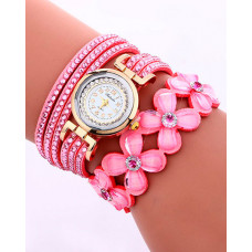 1pc Rhinestone Floral Pattern Stackable Bangle Quartz Watch - hot pink