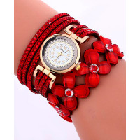 1pc Rhinestone Floral Pattern Stackable Bangle Quartz Watch - red