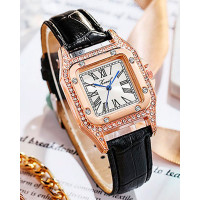 1pc Rhinestone Leather Band Square Quartz Watch - black