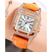 1pc Rhinestone Leather Band Square Quartz Watch - orange