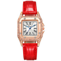 1pc Rhinestone Leather Band Square Quartz Watch - red