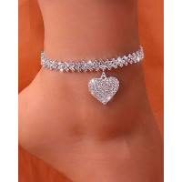 1pc Rhinestone Love Pendant Chain Anklet - silver