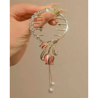 1pc Rhinestone Tulip Pearls Tassel Design Hair Clip - pink