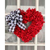 1pc Ruched Heart Shaped Door Wreath With Bowknot Wedding Decoration - red