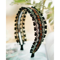 1pc Tribal Floral Embroidery Tassel Headband - black