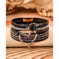 1pc Tribal Multi-layer Heart Pattern Rhinestone Magnet Wide Bracelet - black