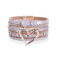 1pc Tribal Multi-layer Heart Pattern Rhinestone Magnet Wide Bracelet - silver