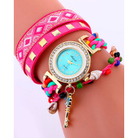 1pc Tribal Studded Beaded Stackable Bangle Quartz Watch - hot pink