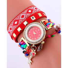 1pc Tribal Studded Beaded Stackable Bangle Quartz Watch - red