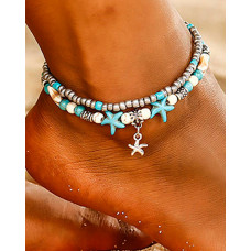 1pc Turquoise Beaded Starfish Beach Foot Jewelry Multi-layer Anklet - silver