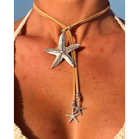 1pc Western Beach Leather Starfish Tassel Choker - silver