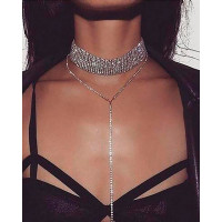 1pc Wide Rhinestone Pendant Choker Necklace - silver