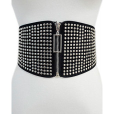 1pc Zip Front Studded Decor Elastic Wide Belt - black