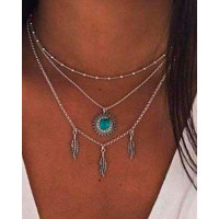 1pcs Multi-layer Turquoise Feather Pendant Necklace - silver